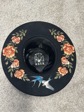 Black Floral & Bird Wide-Brim Hat